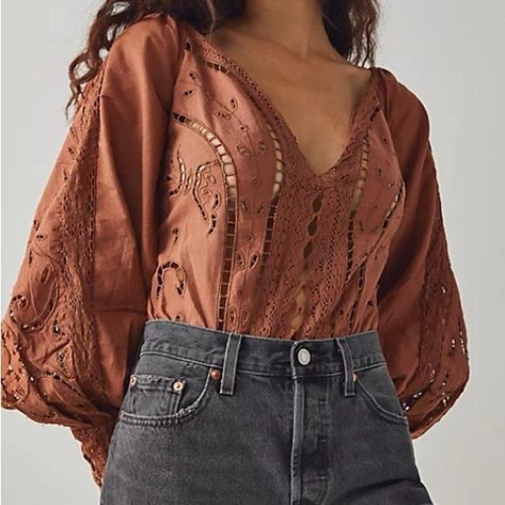 NWT Free People Intimately Regina Lace Eyelet Bodysuit in Terracotta - M